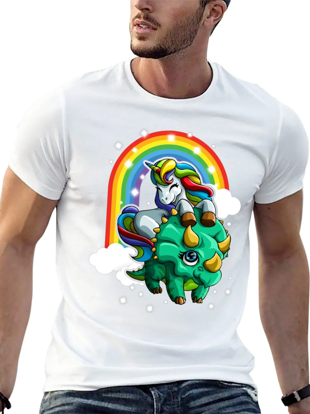 Unicorn Riding Triceratops Rainbow T-Shirt product image 9