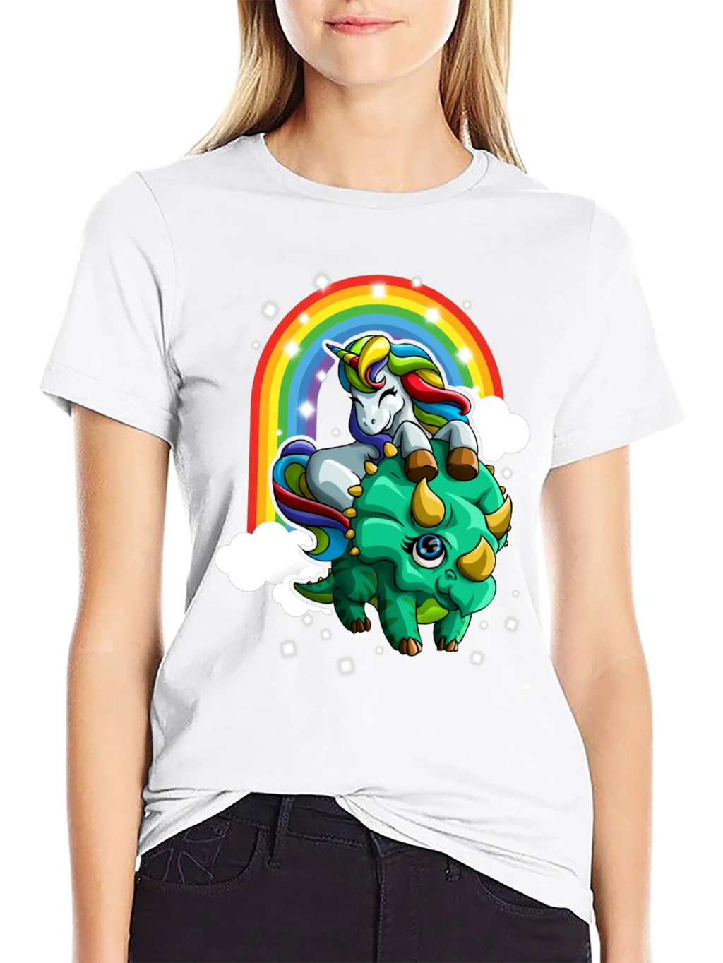 Unicorn Riding Triceratops Rainbow T-Shirt product image 6