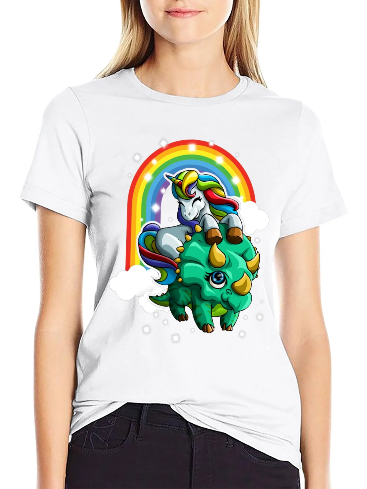 Unicorn Riding Triceratops Rainbow T-Shirt product image 6