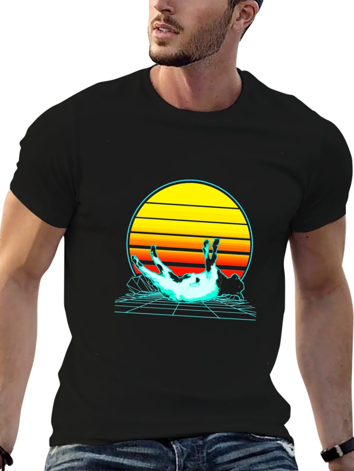 Retro Sunset Dog T-Shirt - 80s Style Graphic Tee product image 1