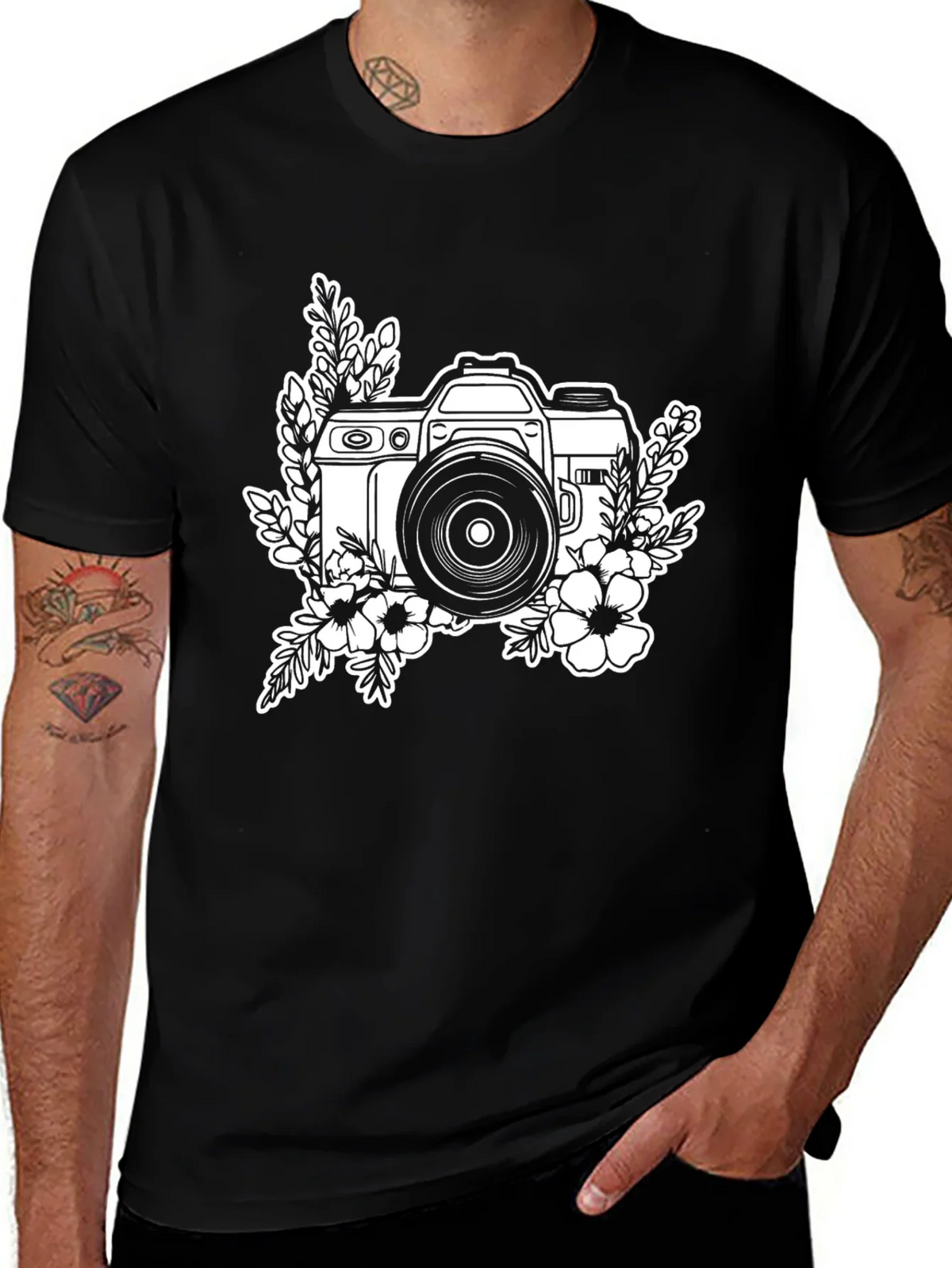 Floral Camera Black Graphic T-Shirt product image 1