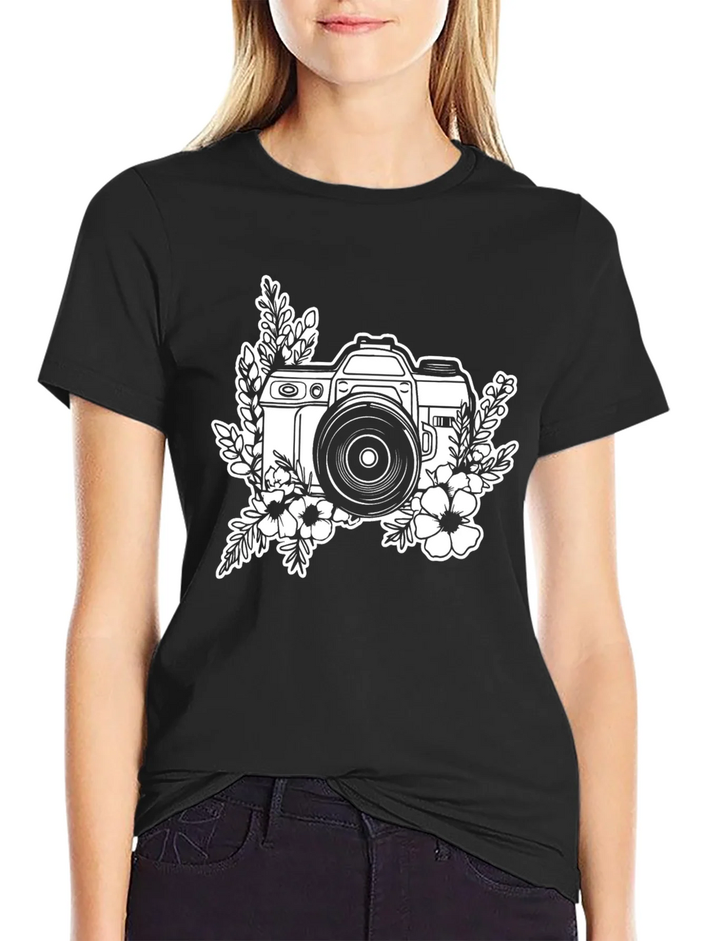 Floral Camera Black Graphic T-Shirt product image 2