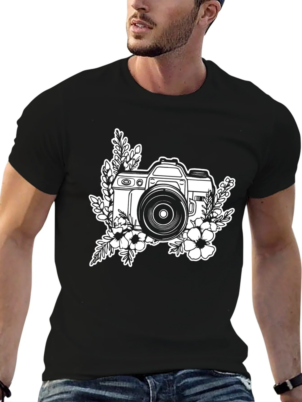 Floral Camera Black Graphic T-Shirt product image 6