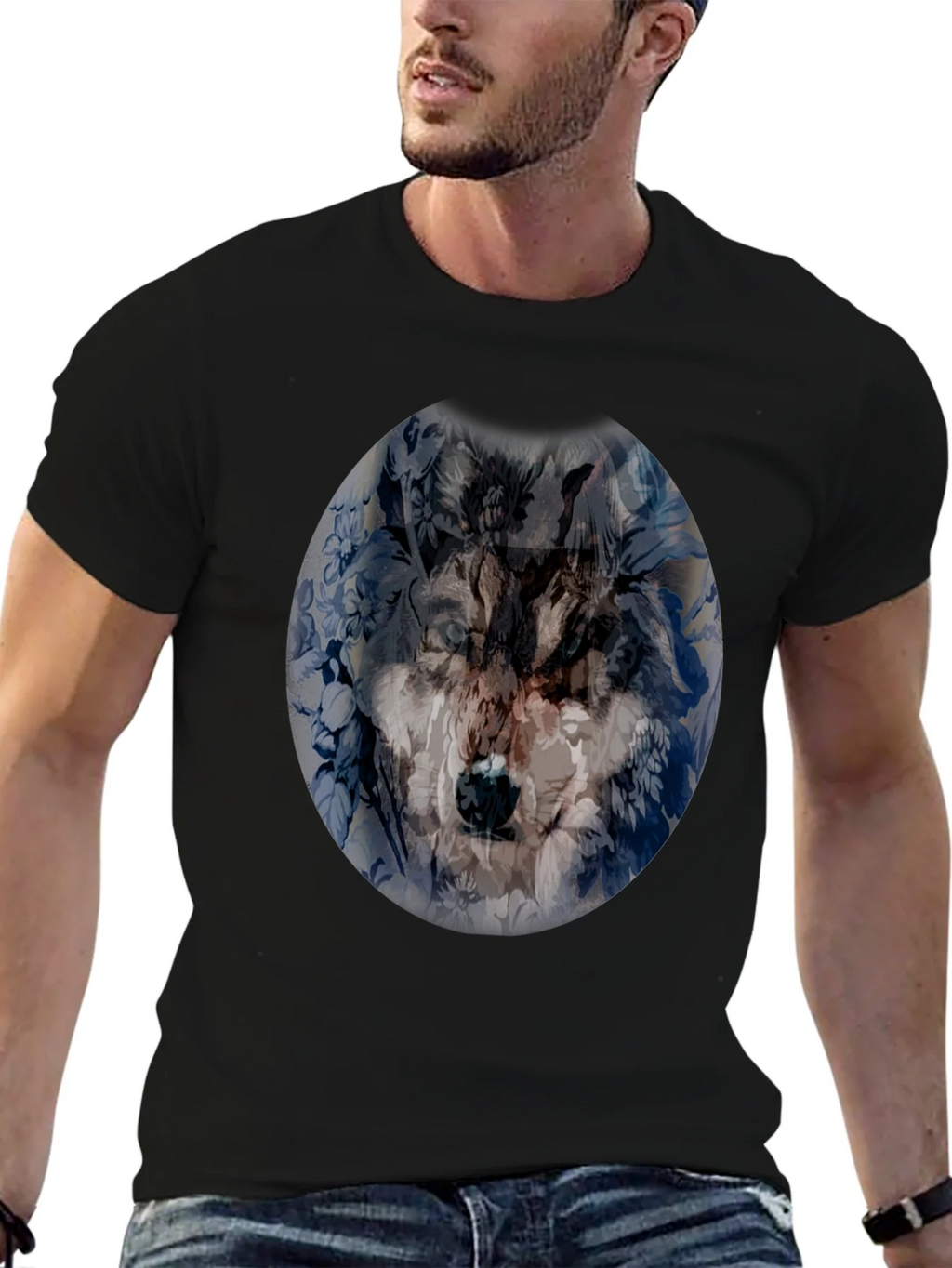 Wolf Floral Print Black T-Shirt product image 6