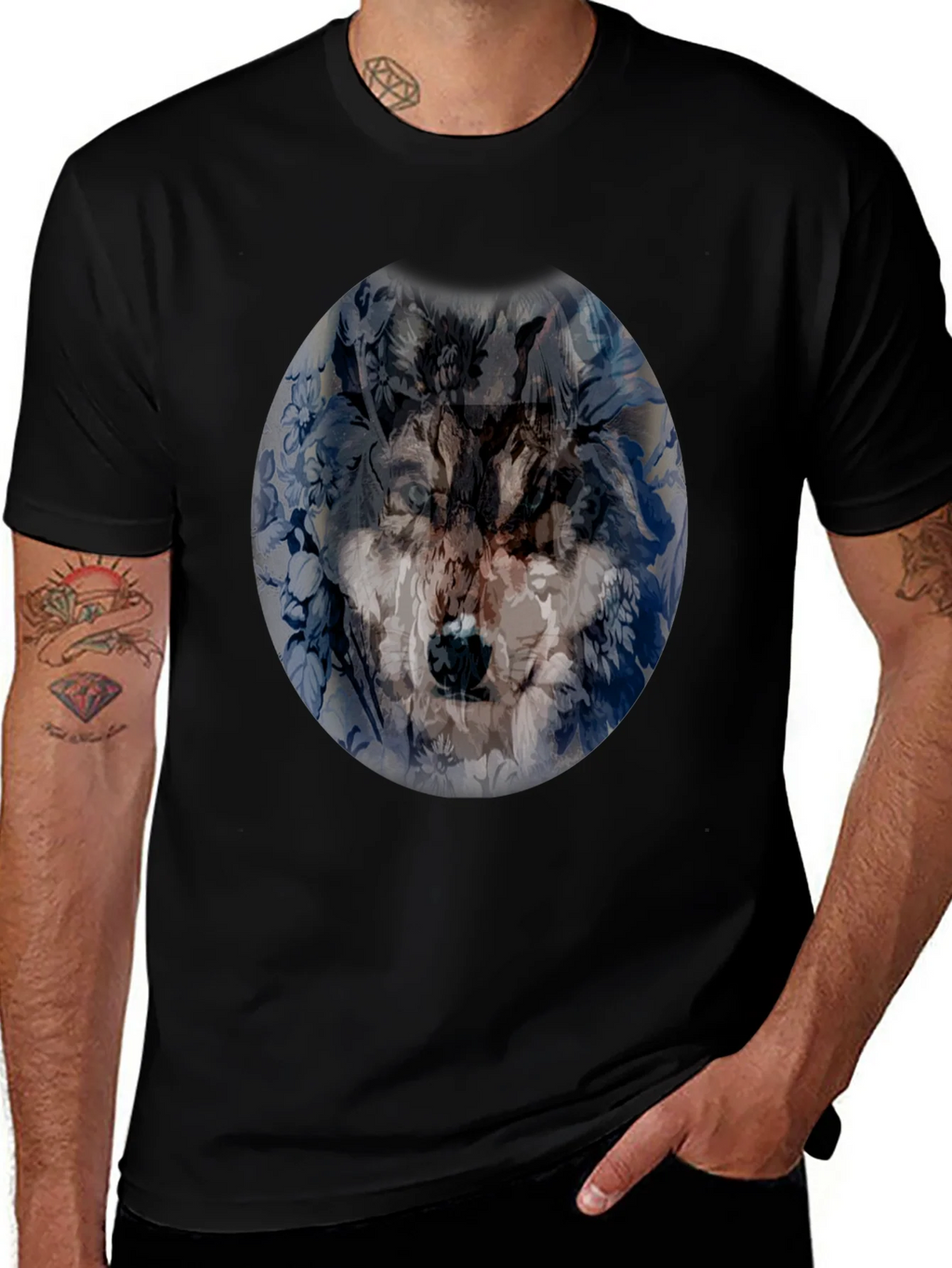 Wolf Floral Print Black T-Shirt product image 1