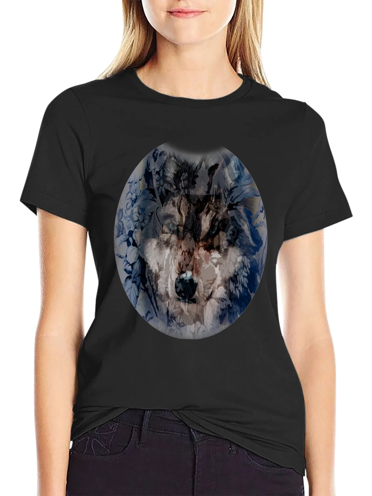 Wolf Floral Print Black T-Shirt product image 2