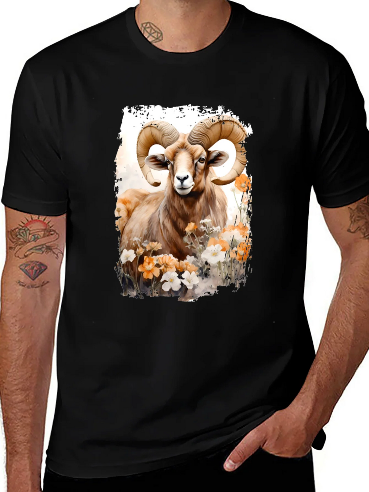 Ram Animal Floral Graphic Print Black Tee product image 1