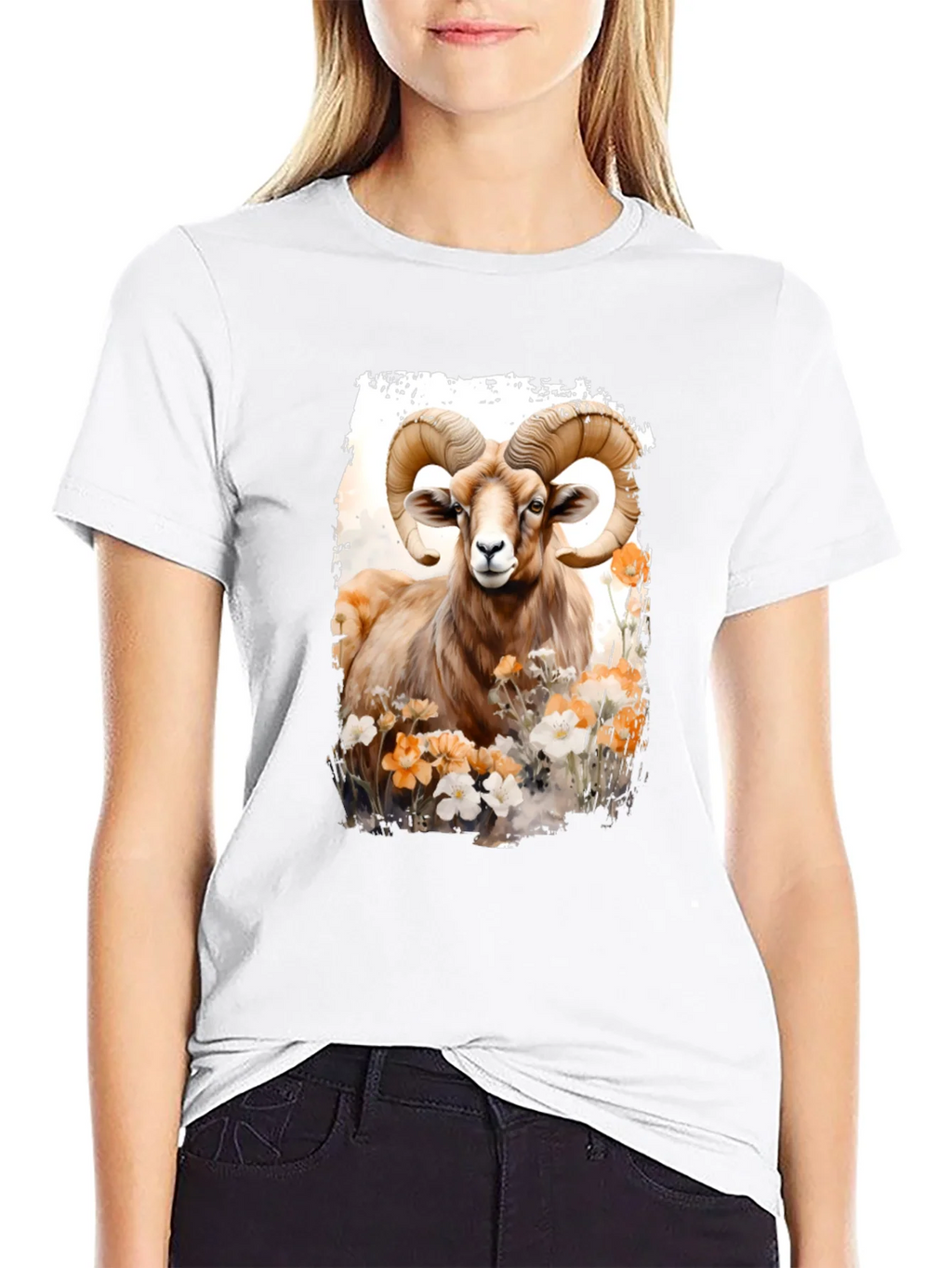 Ram Animal Floral Graphic Print Black Tee product image 5