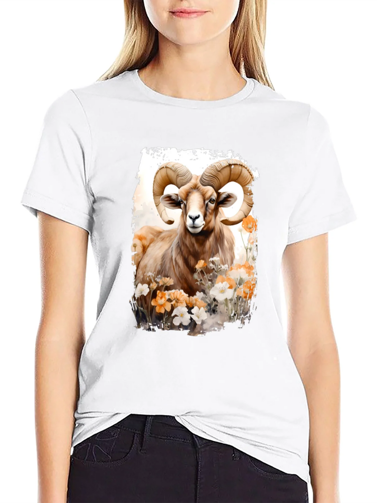 Ram Animal Floral Graphic Print Black Tee product image 5