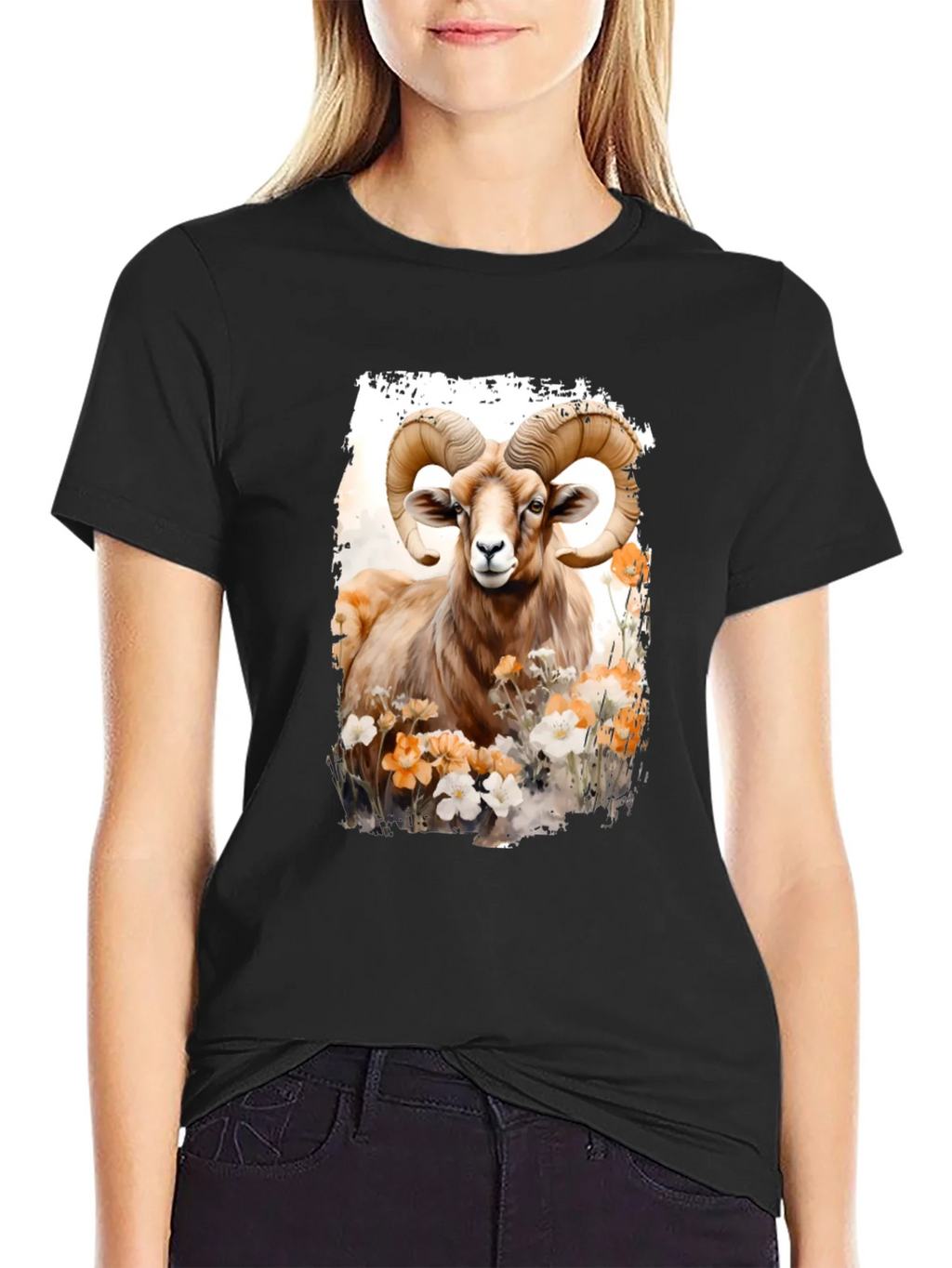 Ram Animal Floral Graphic Print Black Tee product image 2