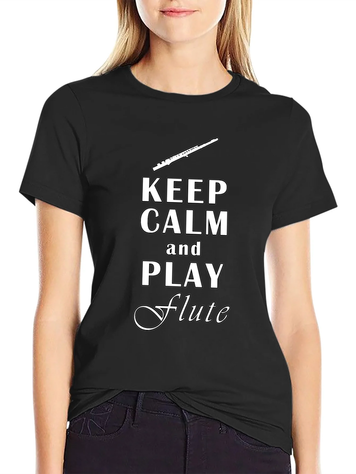 Keep Calm Play Flute Black T-Shirt product image 2