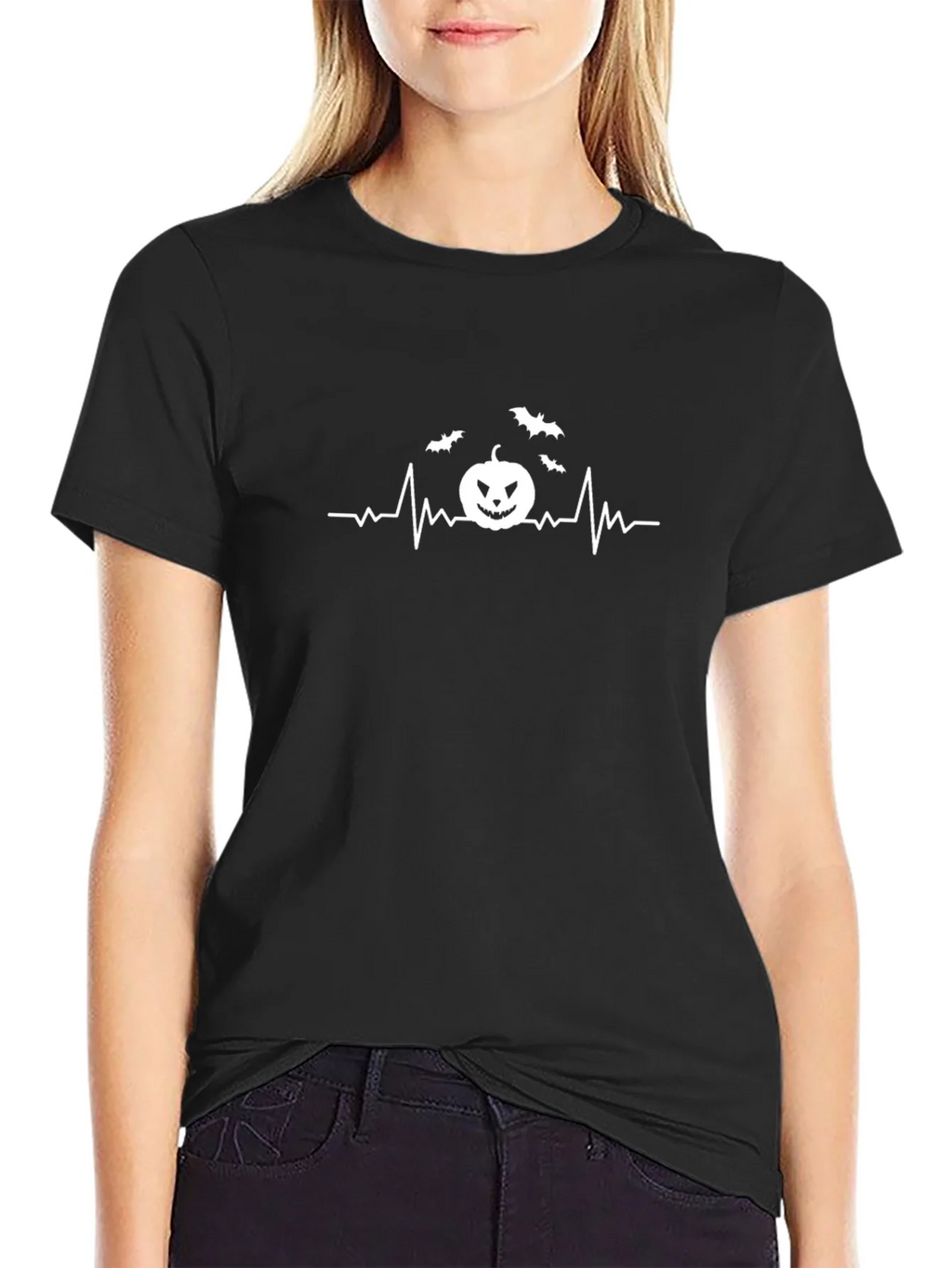 Halloween Heartbeat T-Shirt - Spooky Bat & Pumpkin Design product image 2