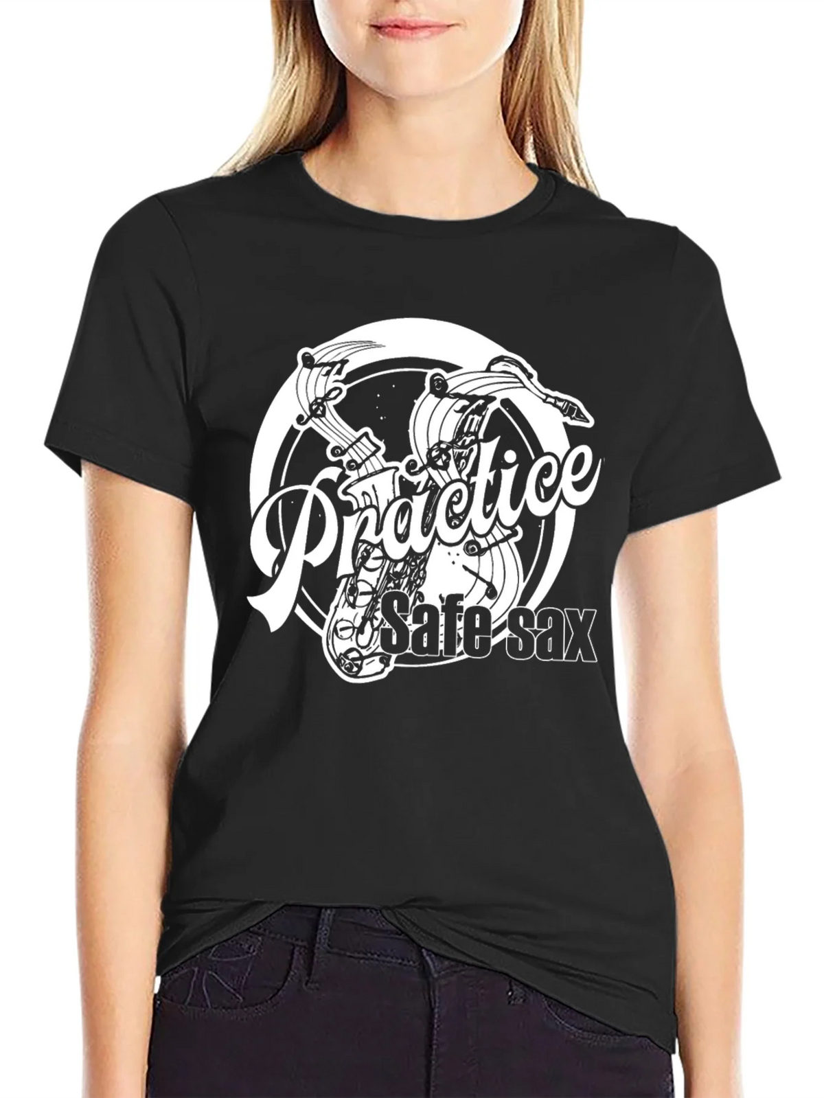 Practice Safe Sax Black Graphic T-Shirt product image 2