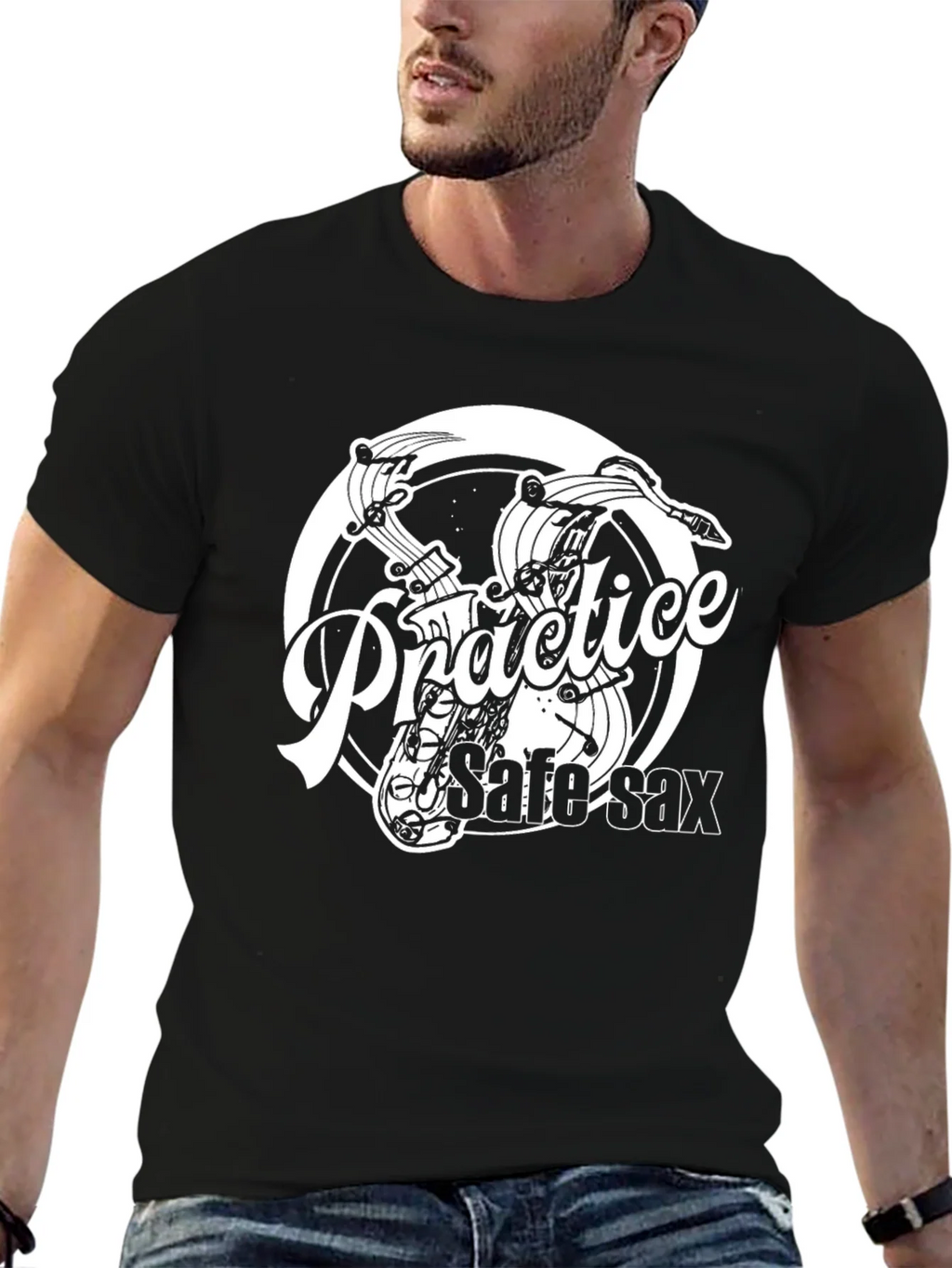 Practice Safe Sax Black Graphic T-Shirt product image 5