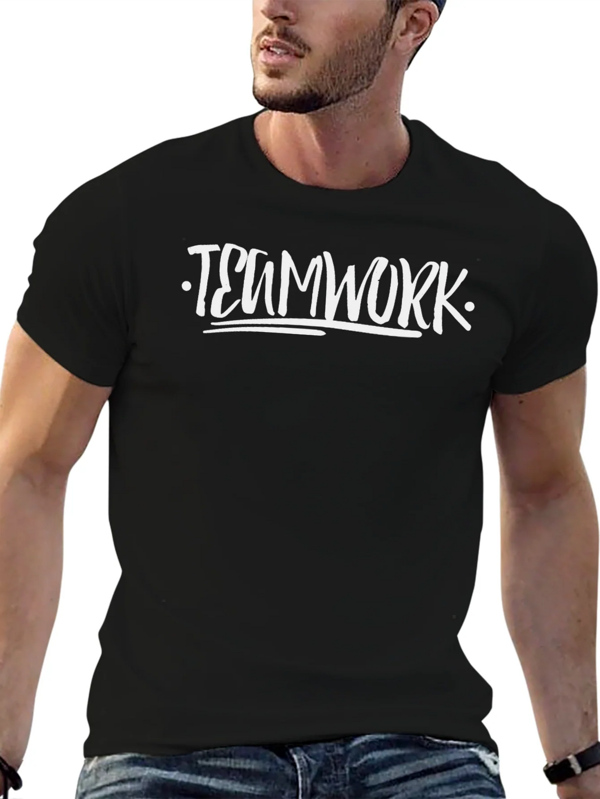 Teamwork T-Shirt Black Cotton Crew Neck Graphic Tee product image 6