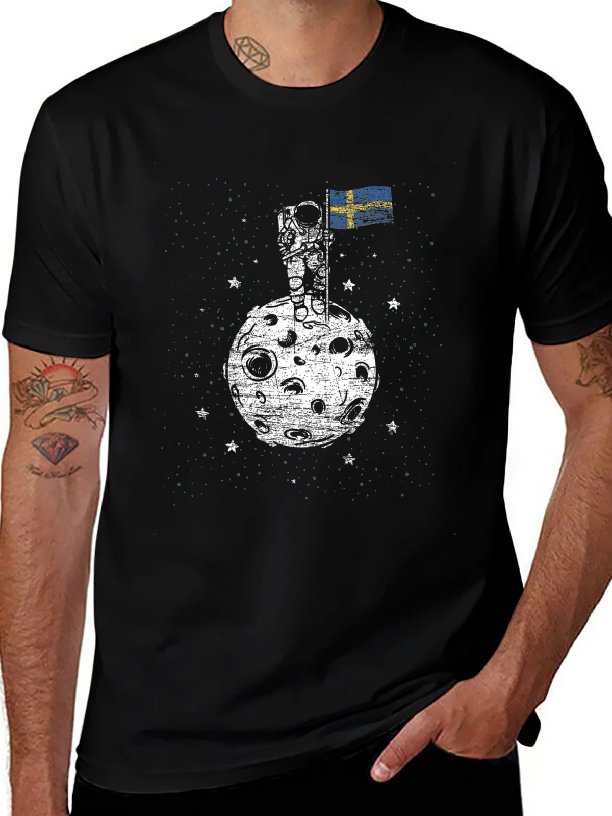 Astronaut on Moon Sweden Flag Graphic T-Shirt product image 1
