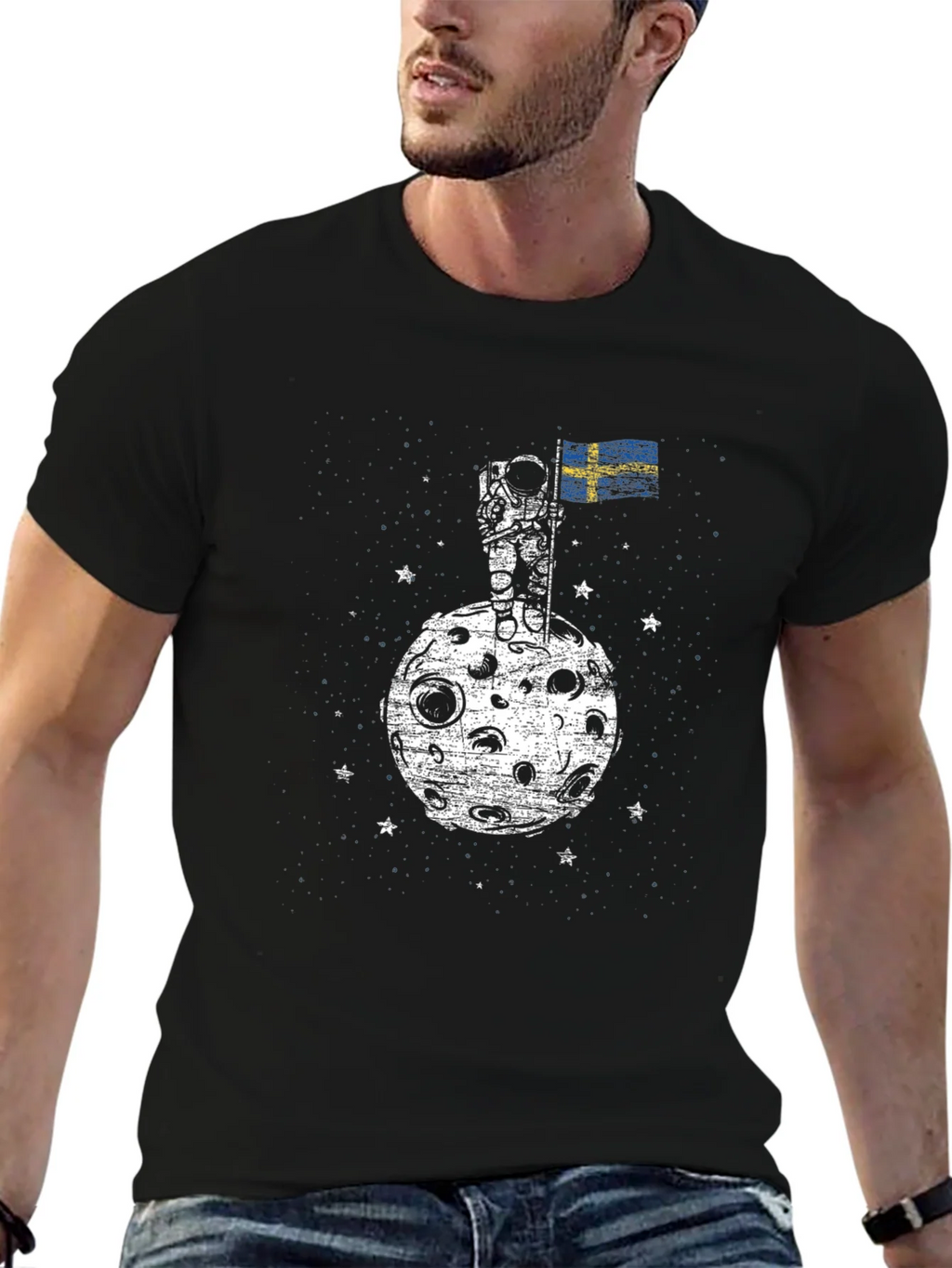 Astronaut on Moon Sweden Flag Graphic T-Shirt product image 6