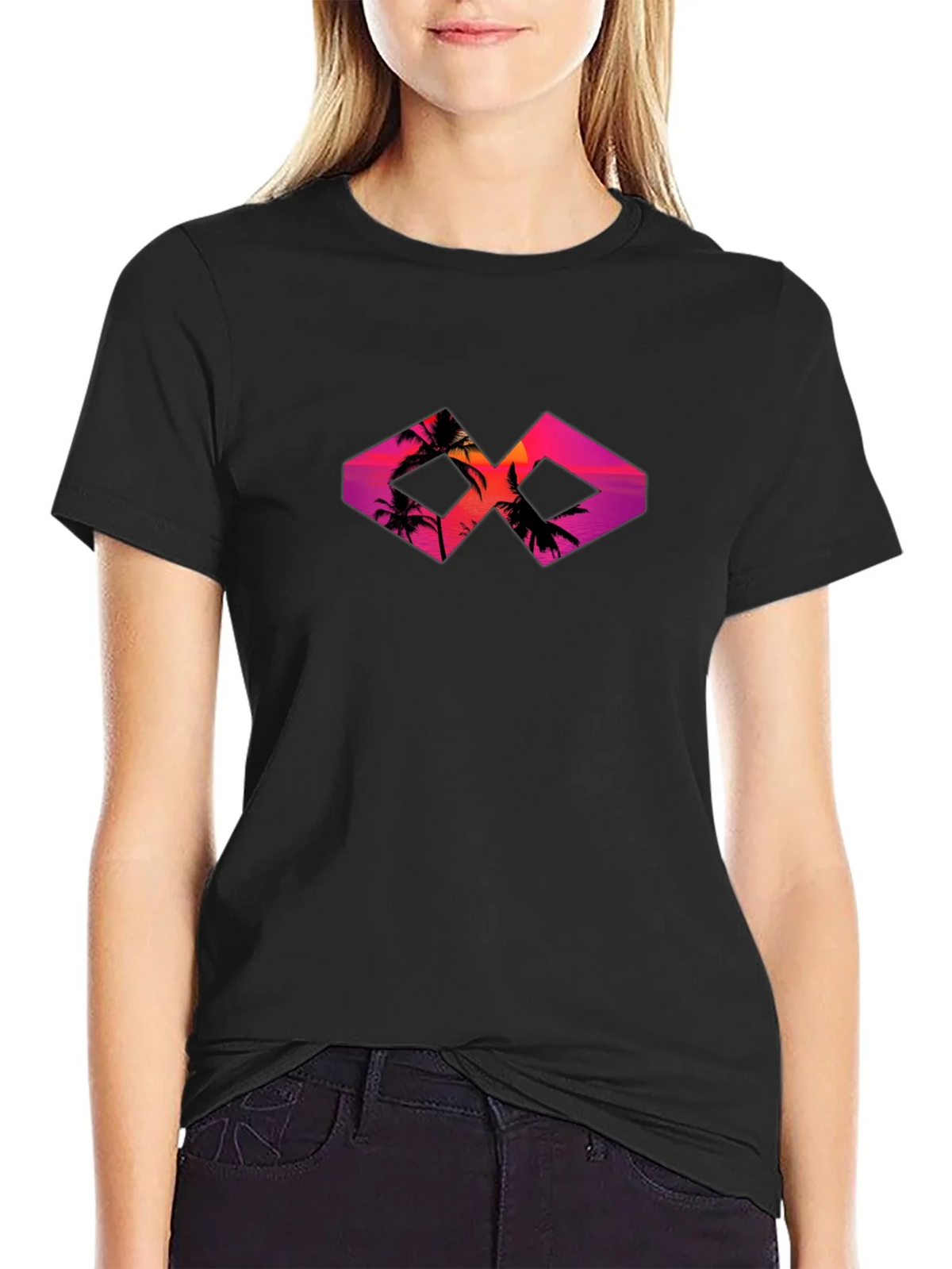 Sunset Palm Tree Graphic Tee - Black Cotton T-Shirt product image 2