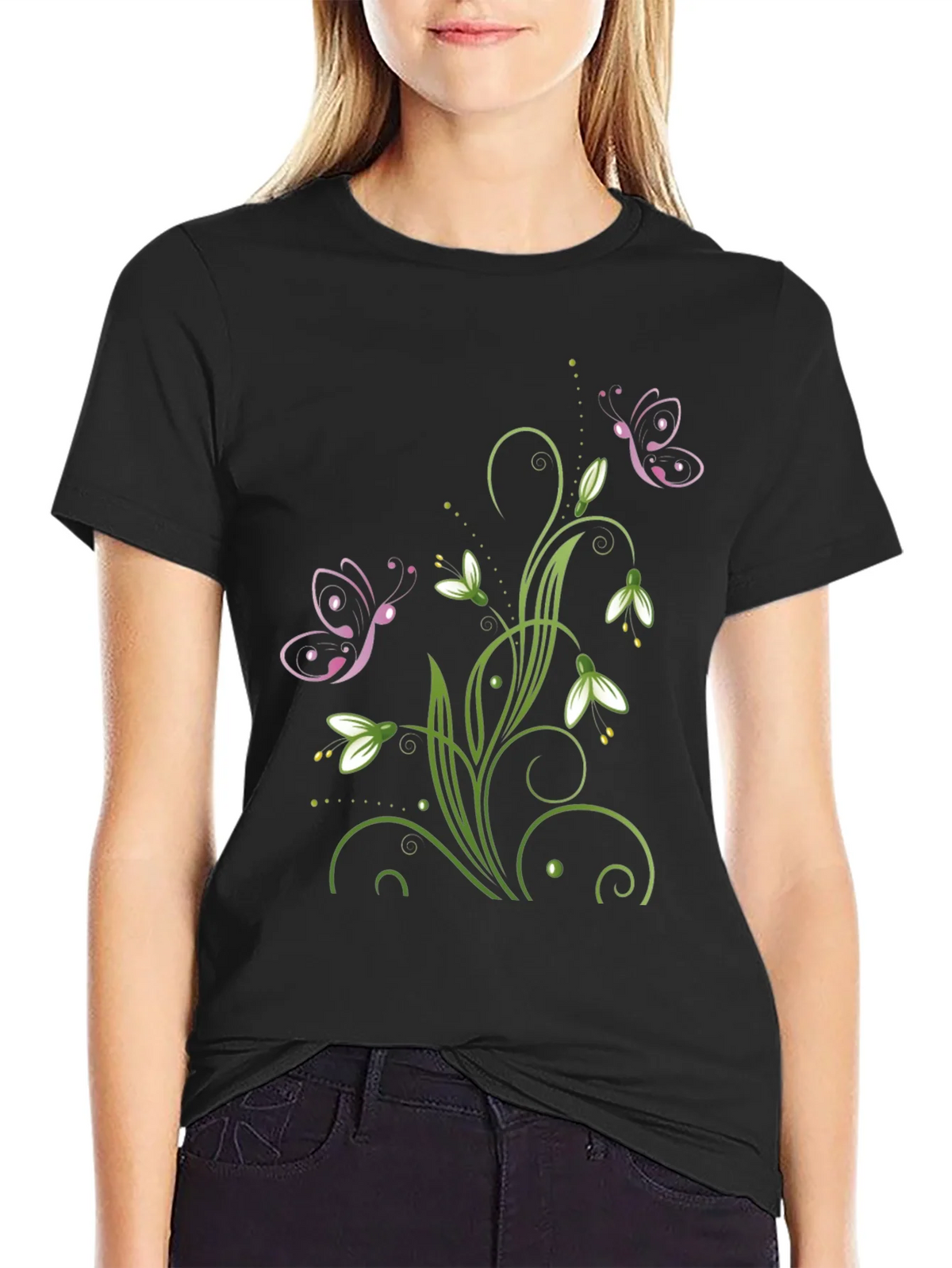 Butterfly Floral Design Black T-Shirt product image 2