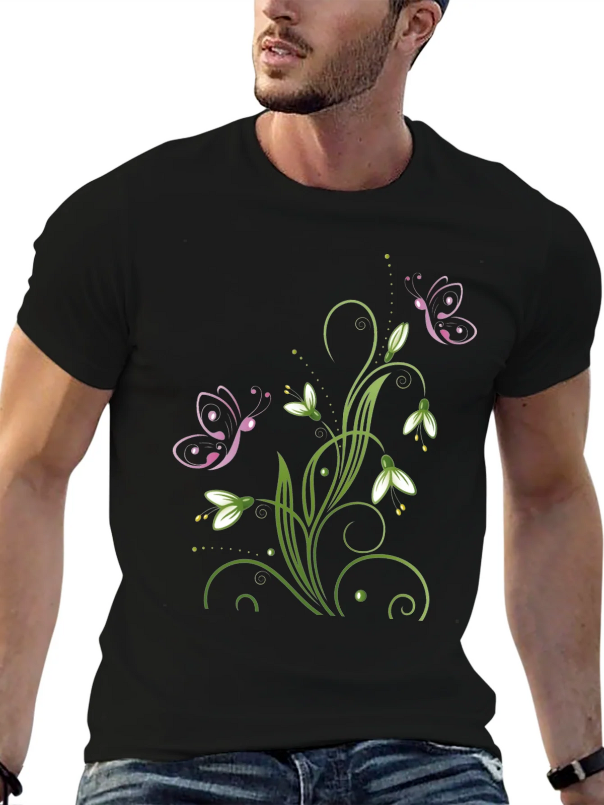 Butterfly Floral Design Black T-Shirt product image 6