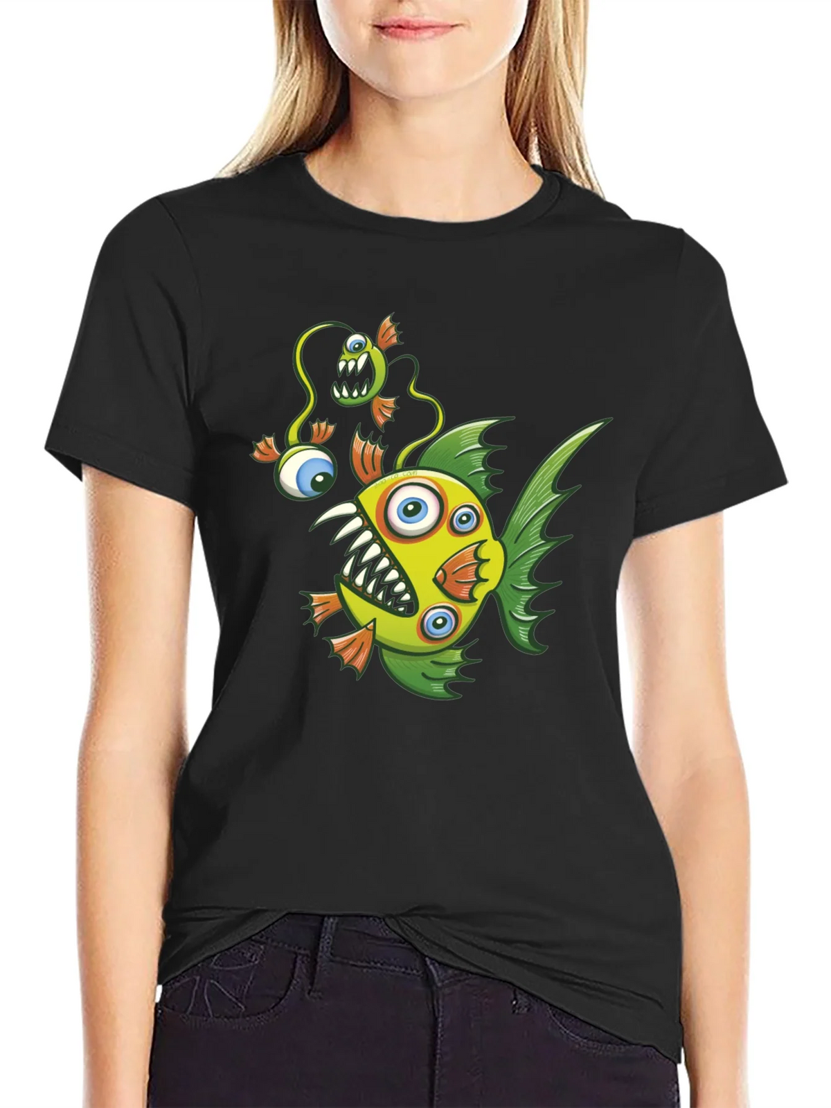 Crazy Fish Graphic Tee - Black Cotton T-Shirt product image 1