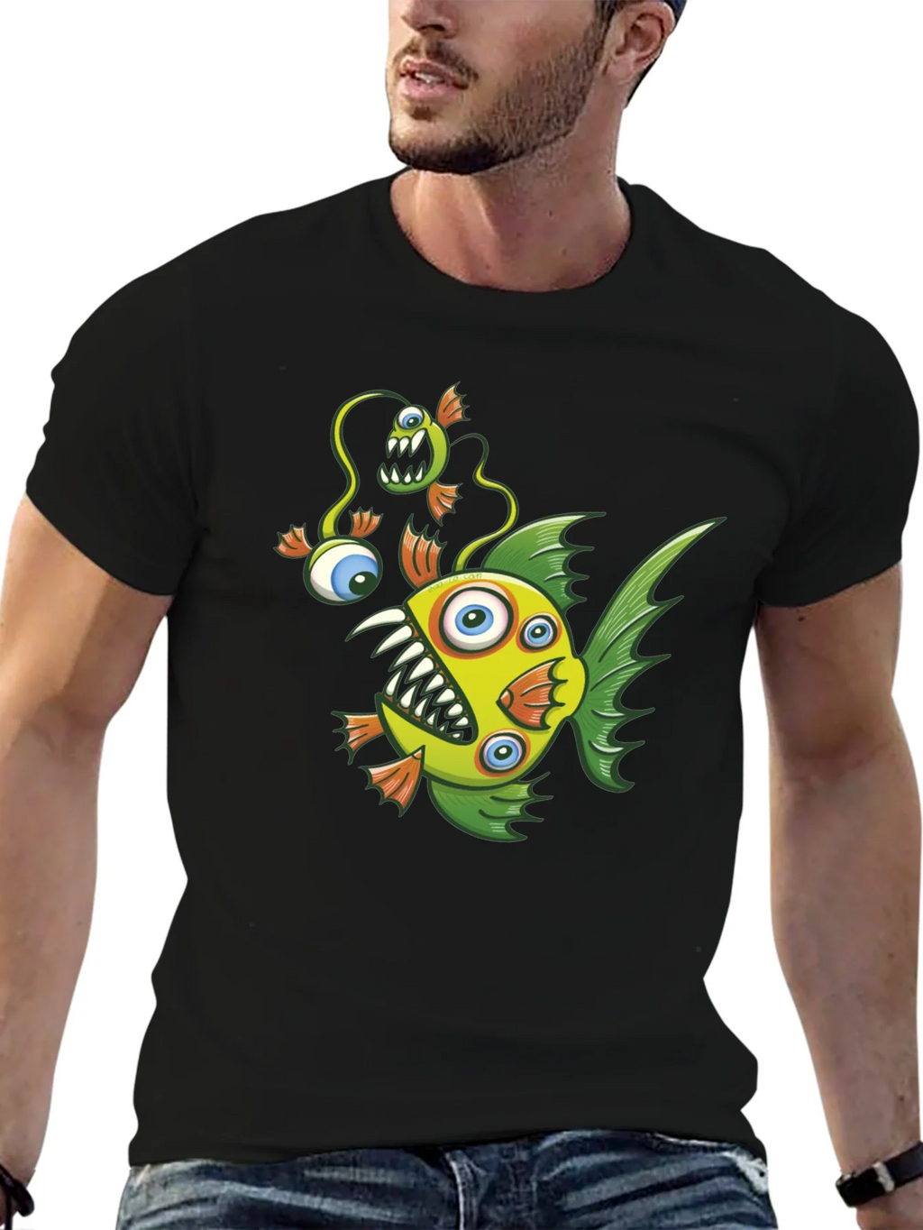 Crazy Fish Graphic Tee - Black Cotton T-Shirt product image 4